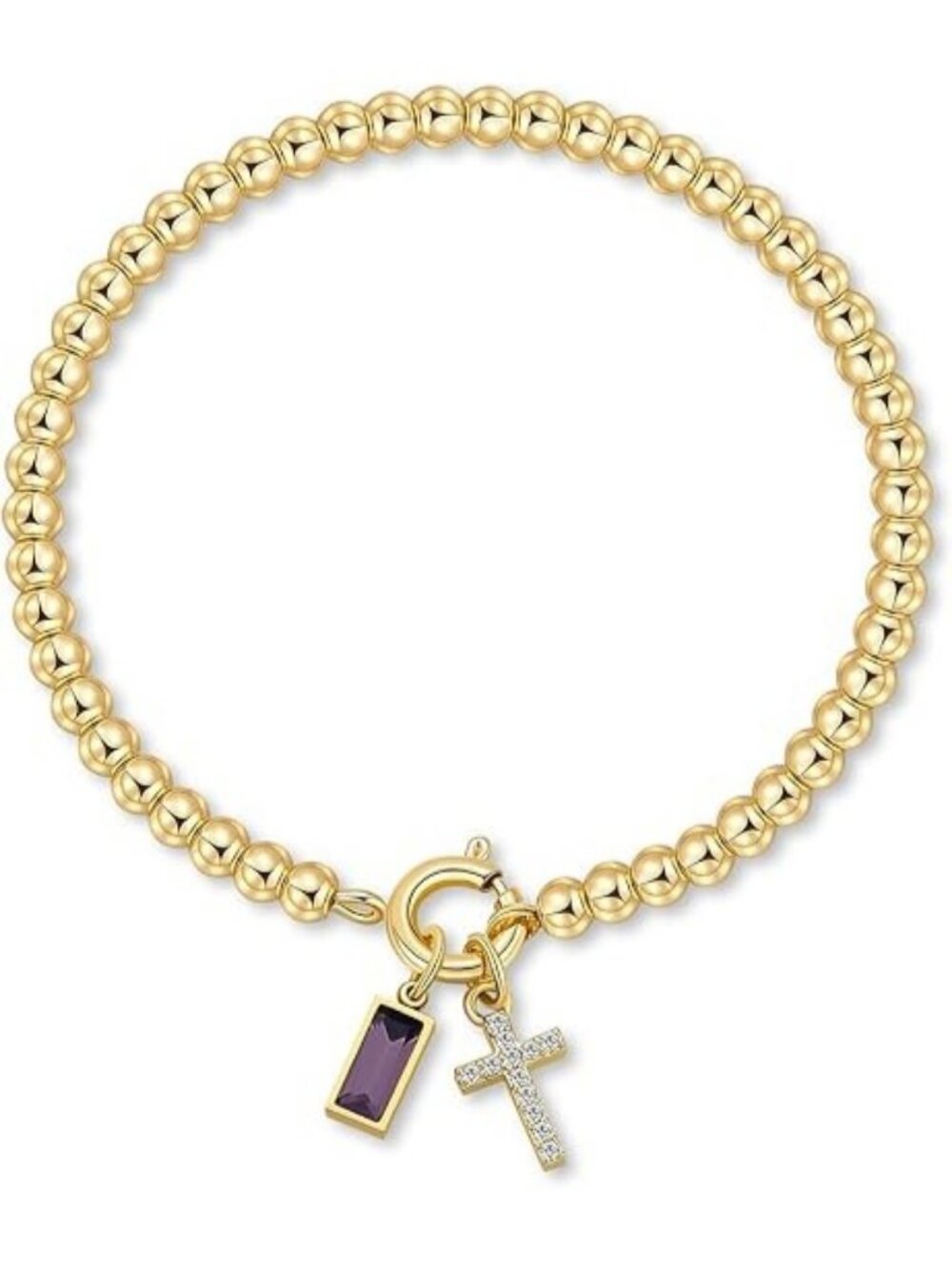 06-June(Alexandrite) Cross Birthstone Elastic 14K Gold Plated Bead Bracelet